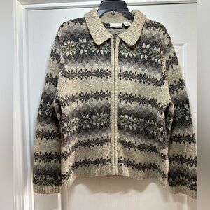 Croft & Barrow Fair Isle Wool Blend Beige Knit Zip up Sweater Size XL